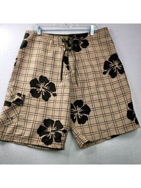 Mens RS Surf Swim Shorts 34 Beige Black Floral Waist Cargo Vacation Beach Resort